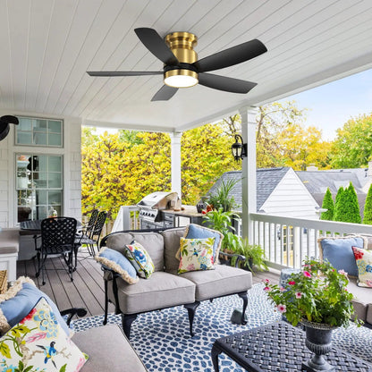 Flush Mount Ceiling Fan with LED Light 22W, brass body, black blades, remote on Tampa Home & Garden Store