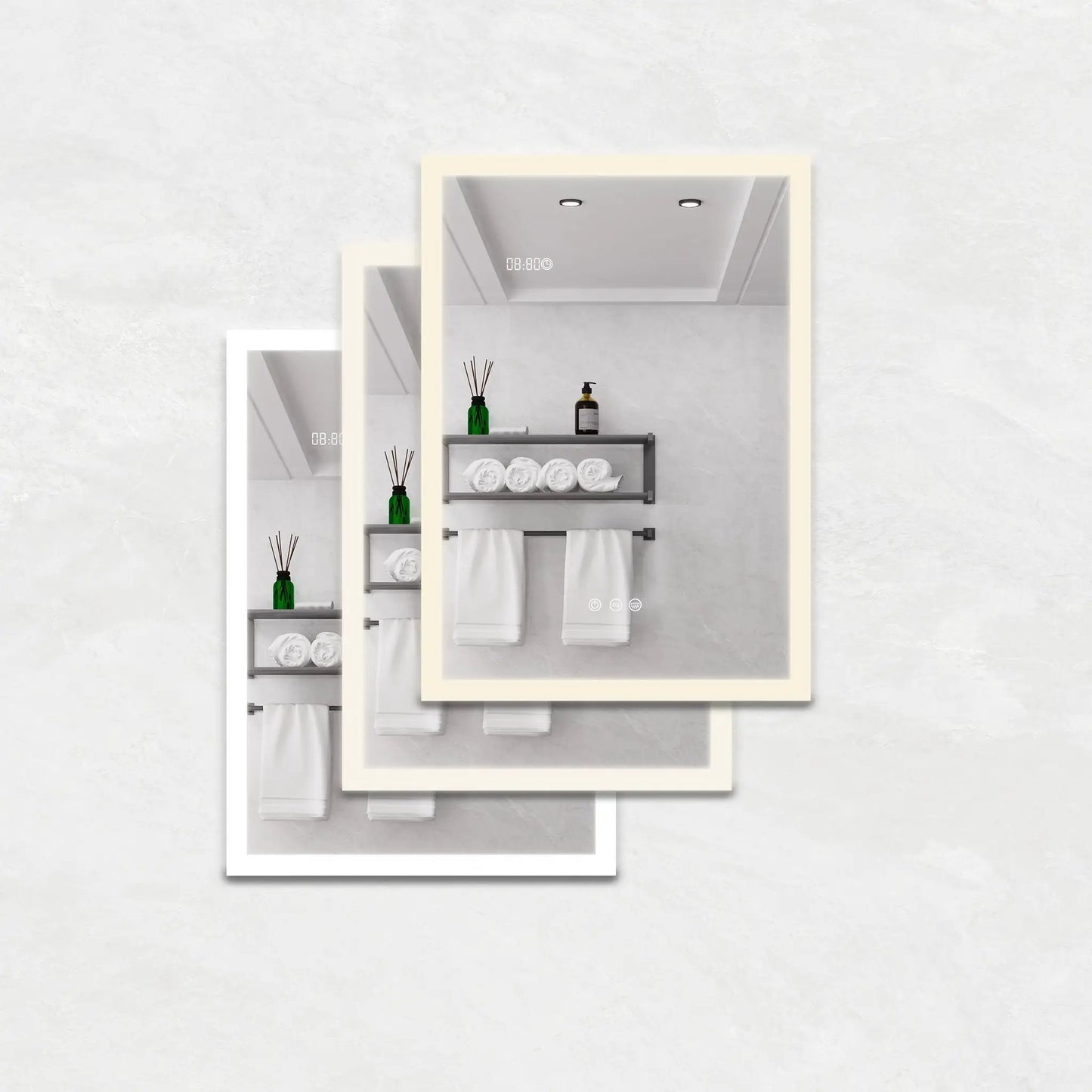 White-framed LED medicine cabinet with mirror and defogger, interior shelves on Tampa Home & Garden Store