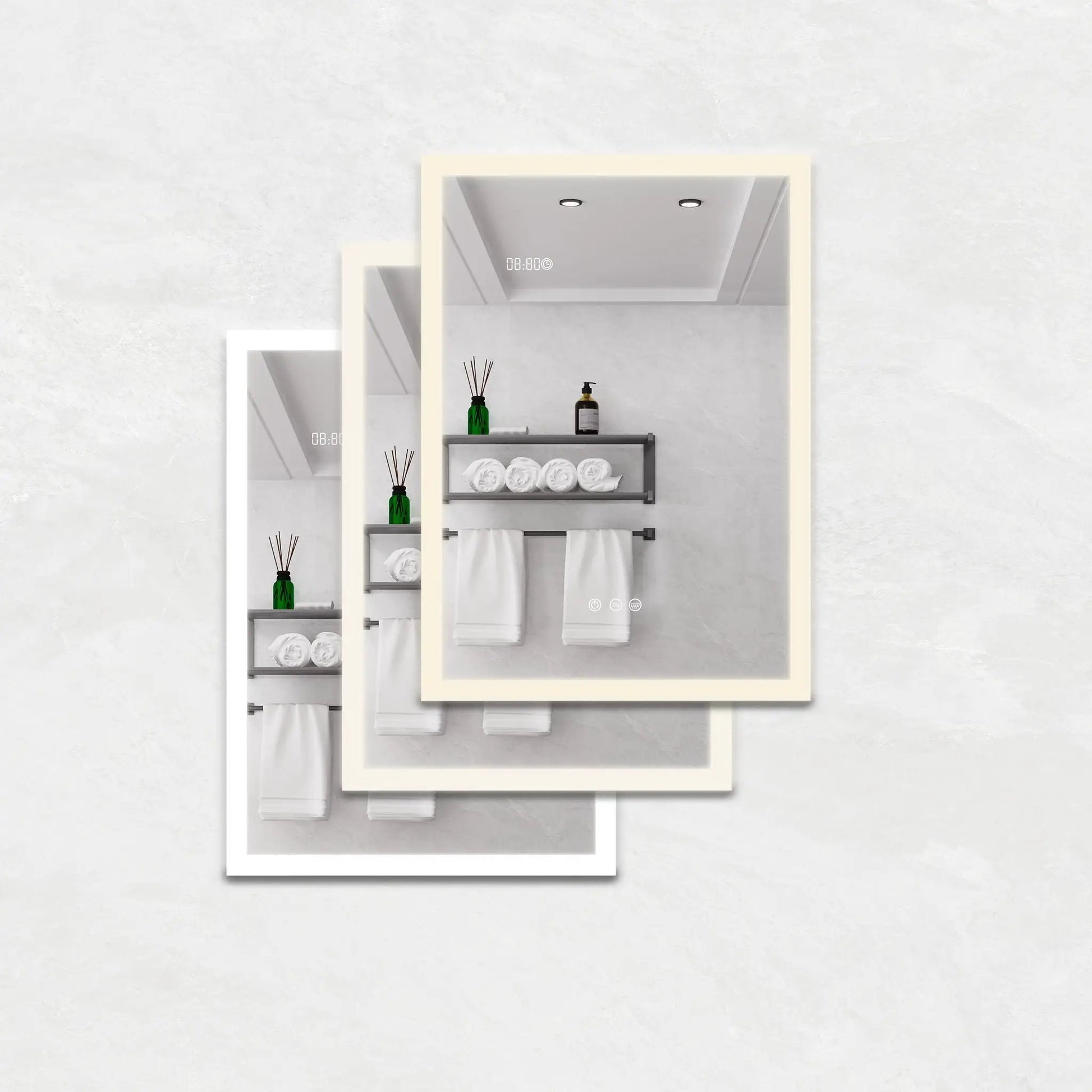 White-framed LED medicine cabinet with mirror and defogger, interior shelves on Tampa Home & Garden Store