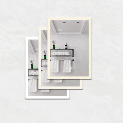 White-framed LED medicine cabinet with mirror and defogger, interior shelves on Tampa Home & Garden Store