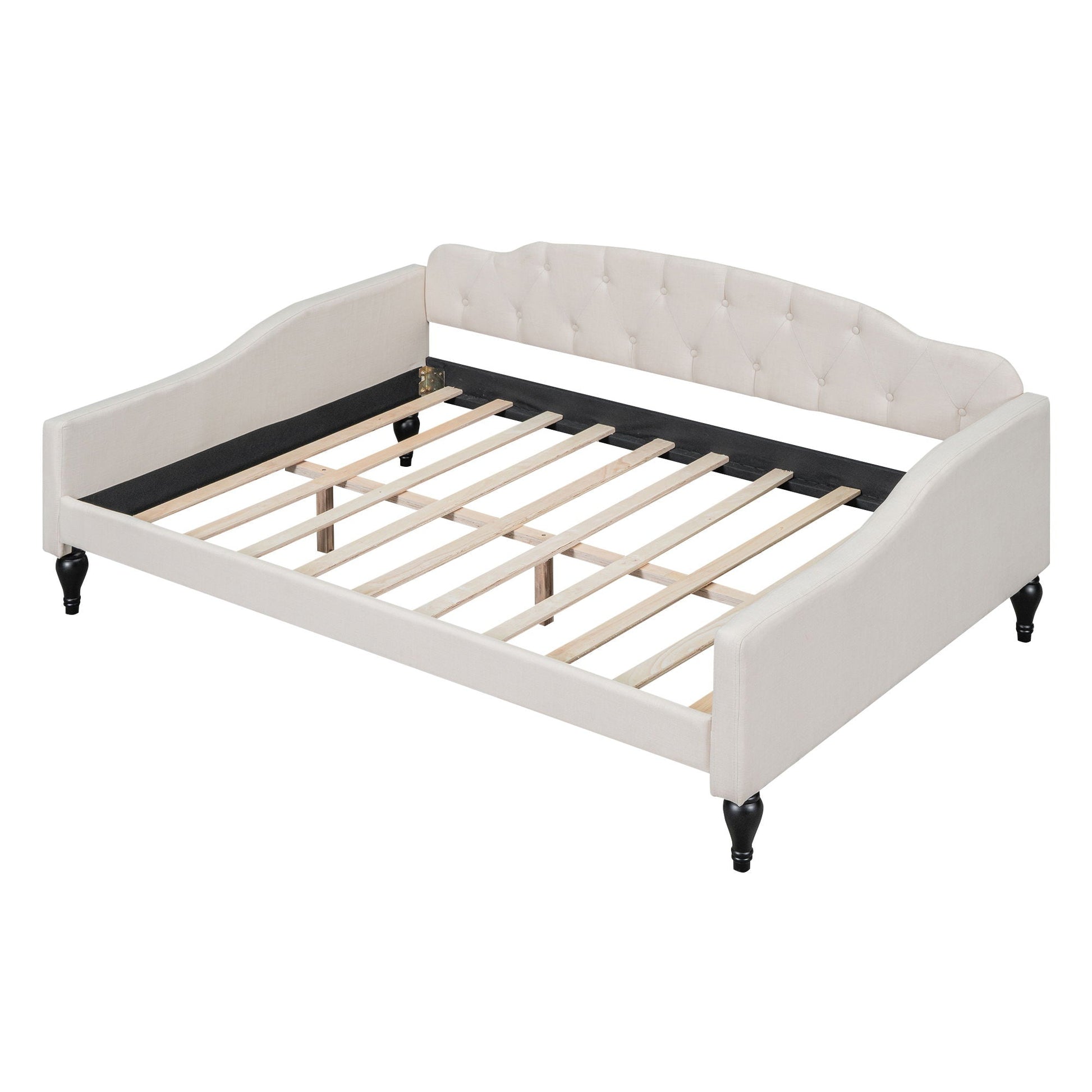 Upholstered tufted daybed in beige fabric with wooden slat base and black legs HouseOfZazla on Tampa Home & Garden Store