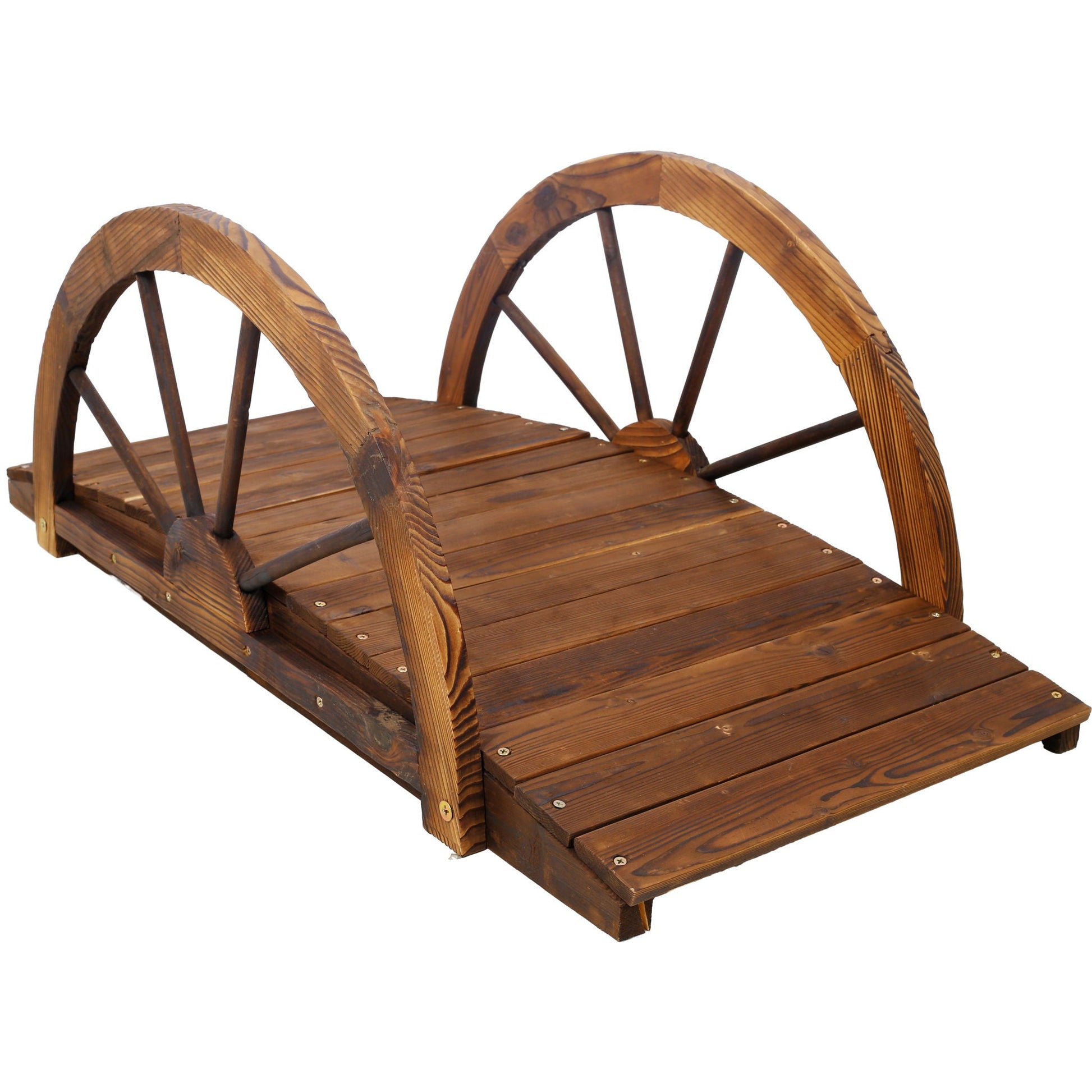 Wooden garden arch footbridge with brown solid wood arches and half wheel railings 2-arch design on Tampa Home & Garden Store