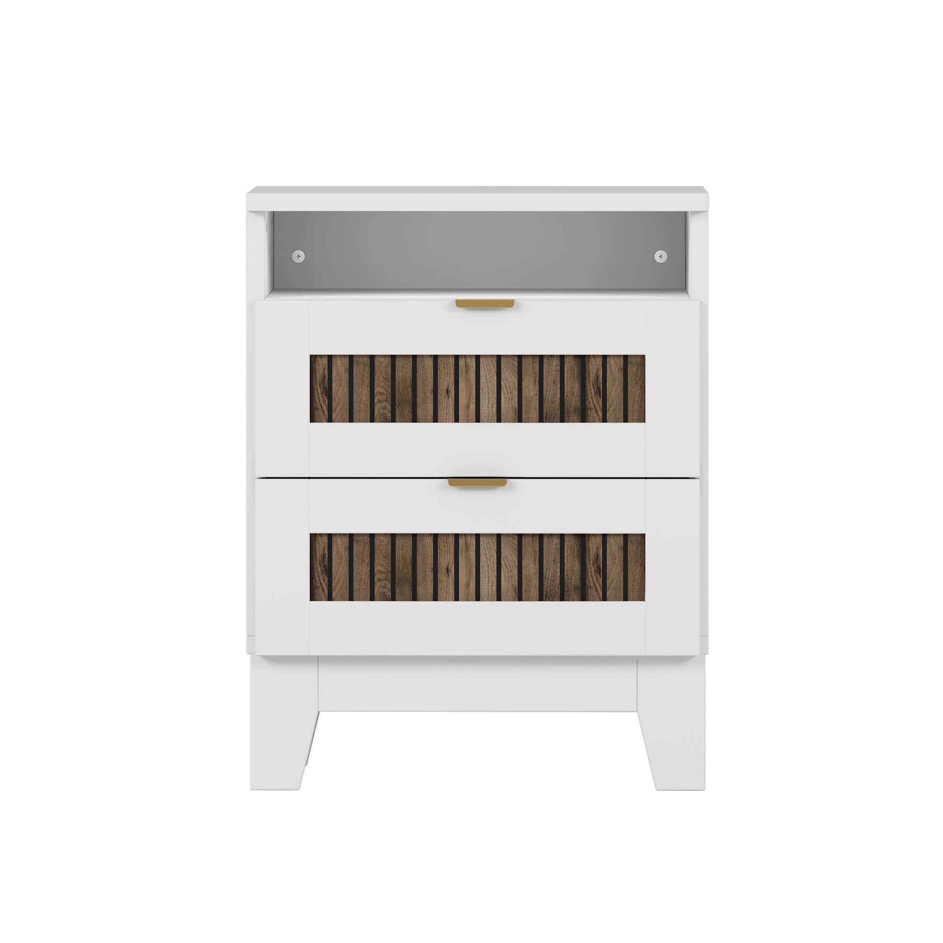White farmhouse storage dresser with gray interior panel and gold pulls HouseOfZazla on Tampa Home & Garden Store