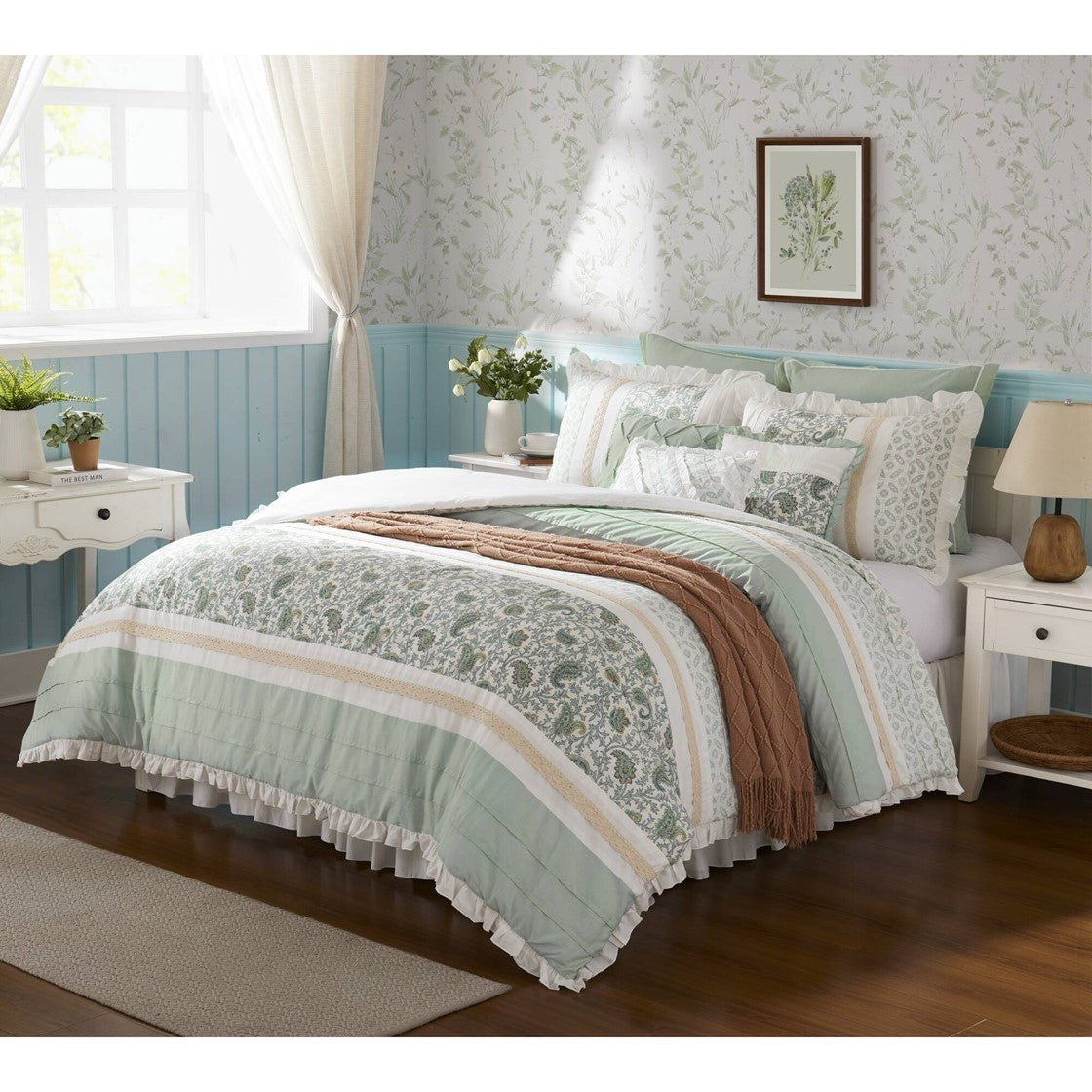 9 Piece Cotton Percale Comforter Set Aqua by HouseOfZazla, quilted aqua mint bedding on Tampa Home & Garden Store