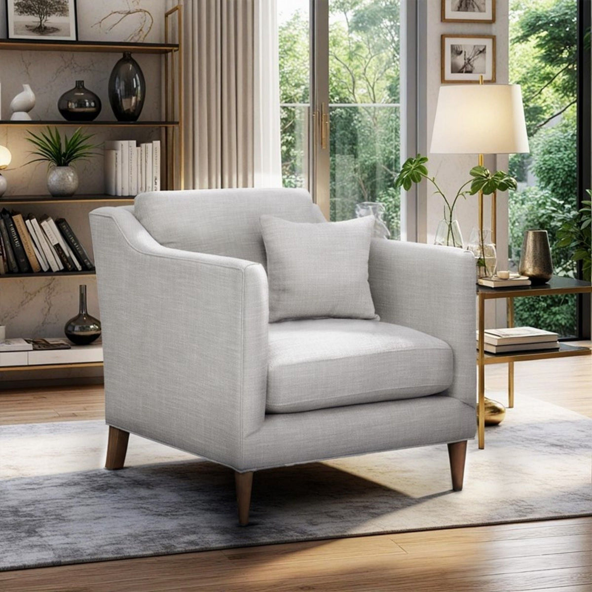 Beige fabric arm chair with high track arms and solid wood legs in a modern living room on Tampa Home & Garden Store