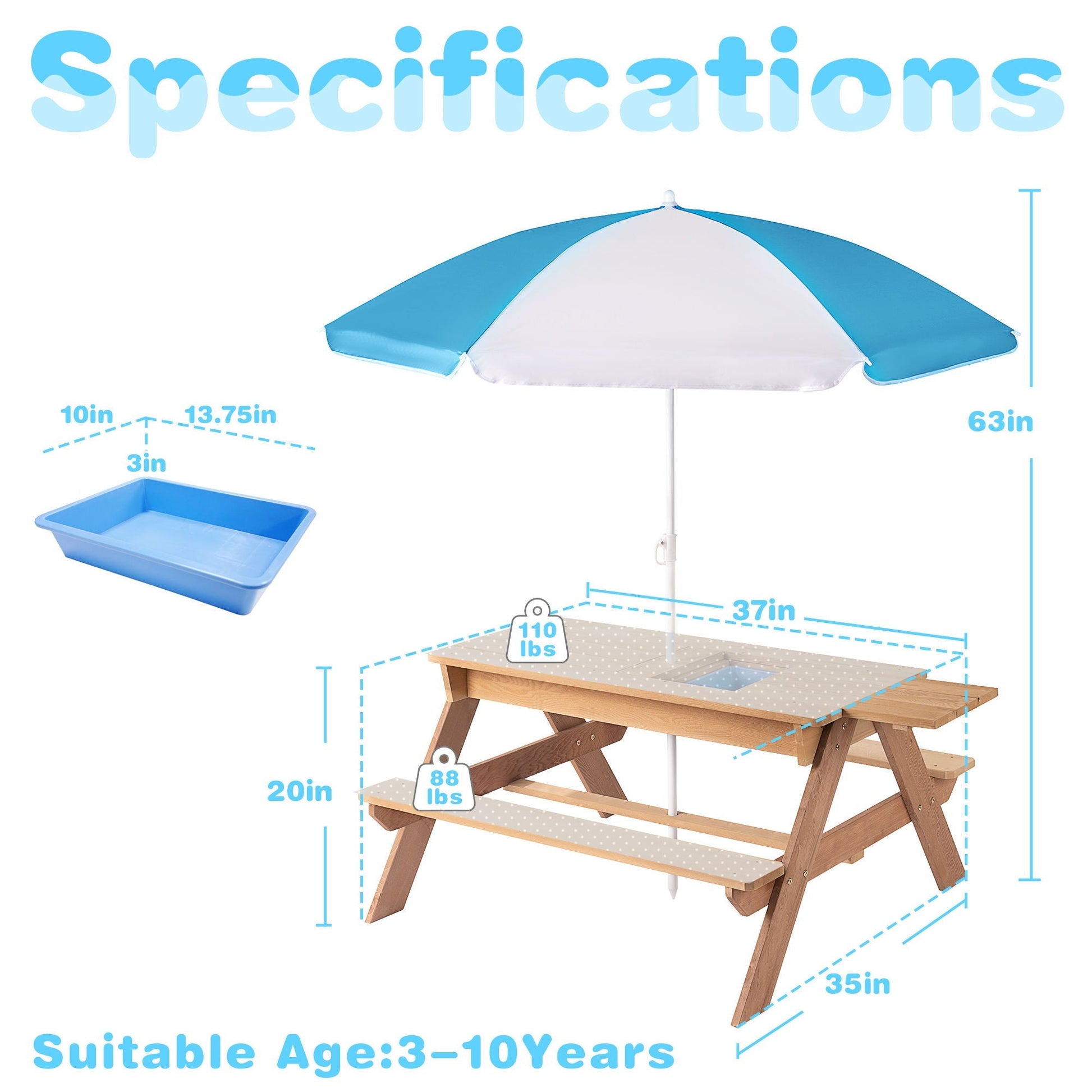 3-In-1 Kids Outdoor Wooden Picnic Table With Umbrella by HouseOfZazla, blue-and-white canopy on Tampa Home & Garden Store