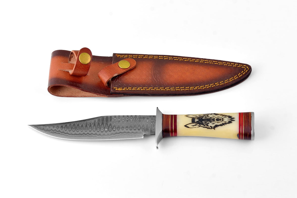 Wilderness Howl Damascus steel knife TK-062 in brown leather sheath; bone handle with wolf motif on Tampa Home & Garden Store