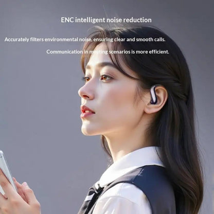 FLIPSTYLEZLLC over-ear wireless earbuds with ENC noise reduction worn by woman in profile on Tampa Home & Garden Store