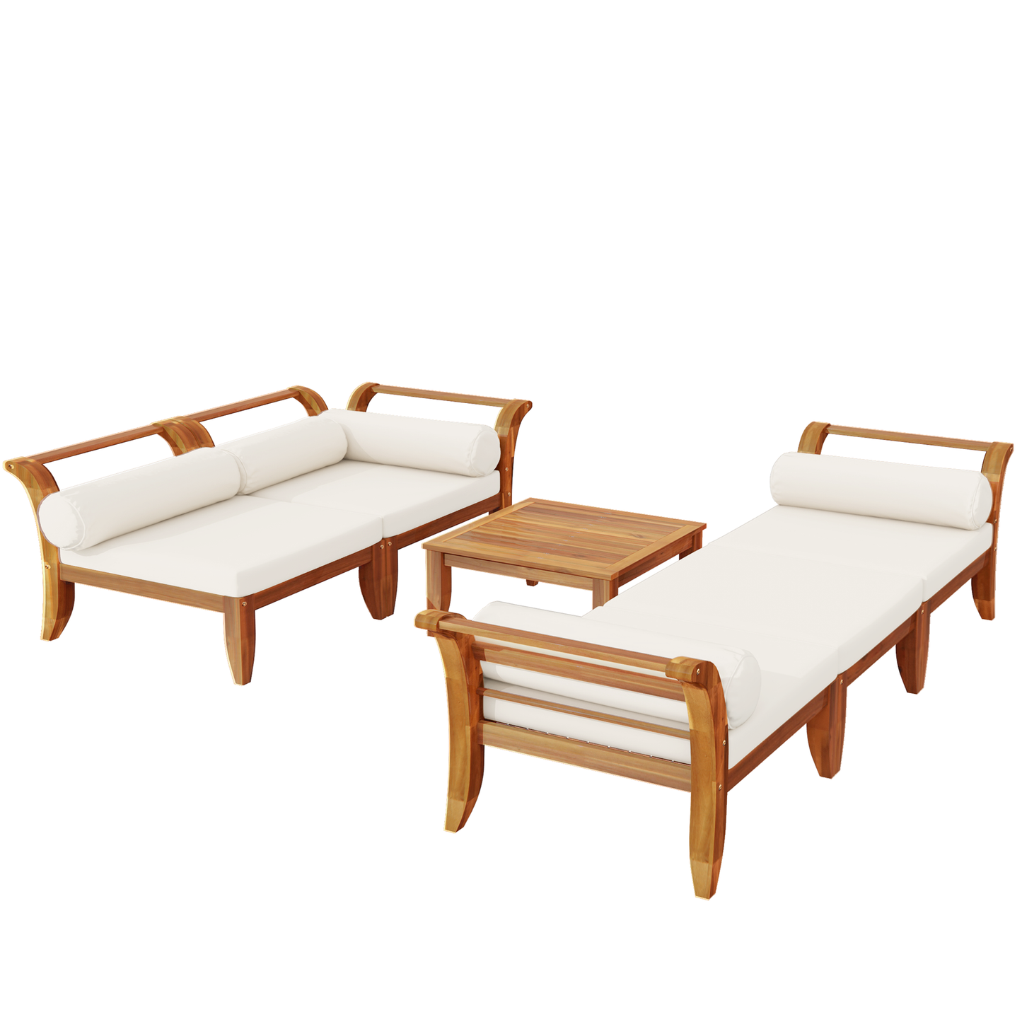 6-Piece Acacia Wood Outdoor Modular Sectional with Daybed and Tea Table, white cushions on Tampa Home & Garden Store