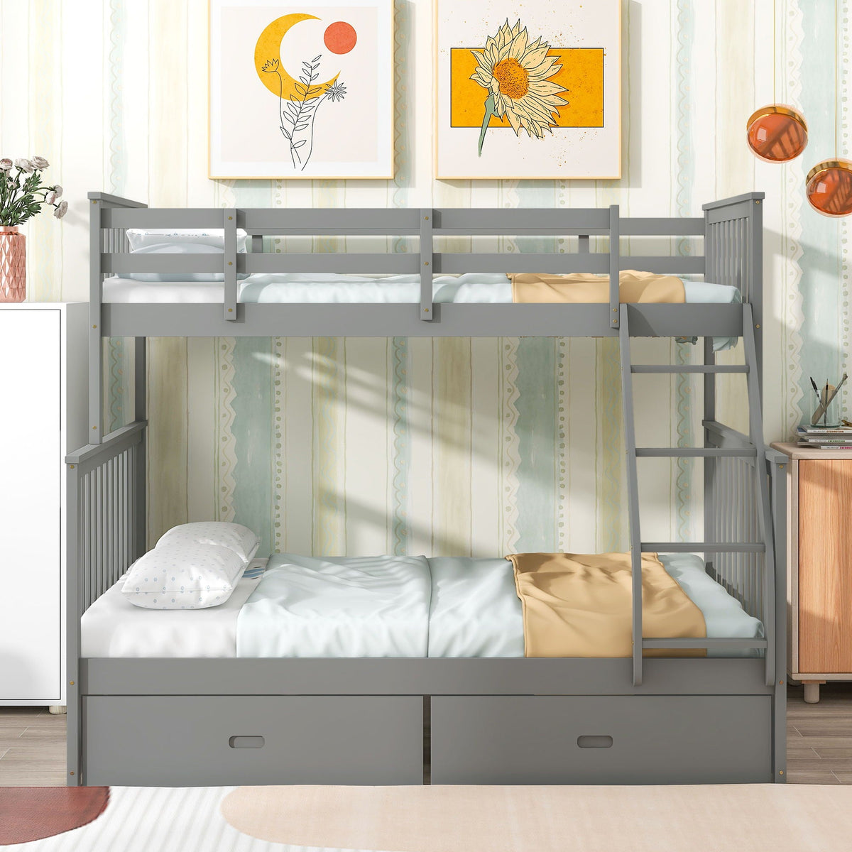 Bunk Bed With Ladder and Safety Guard Rails gray frame HouseOfZazla on Tampa Home & Garden Store