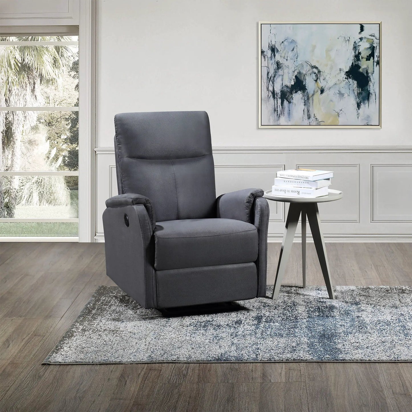 Gray upholstered power recliner chair with easy-control lever for living room comfort on Tampa Home & Garden Store
