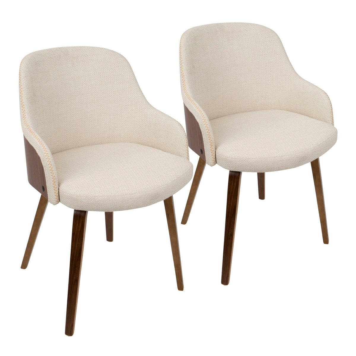Pair of Mid Century Modern Dining Arm Chairs with beige upholstery and dark wood legs on Tampa Home & Garden Store