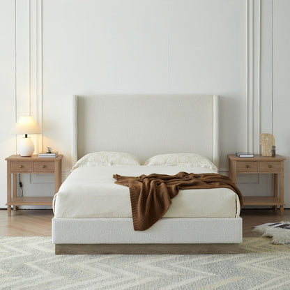 Hosford upholstered wingback bed with wood base in beige fabric; 2 oak nightstands on Tampa Home & Garden Store