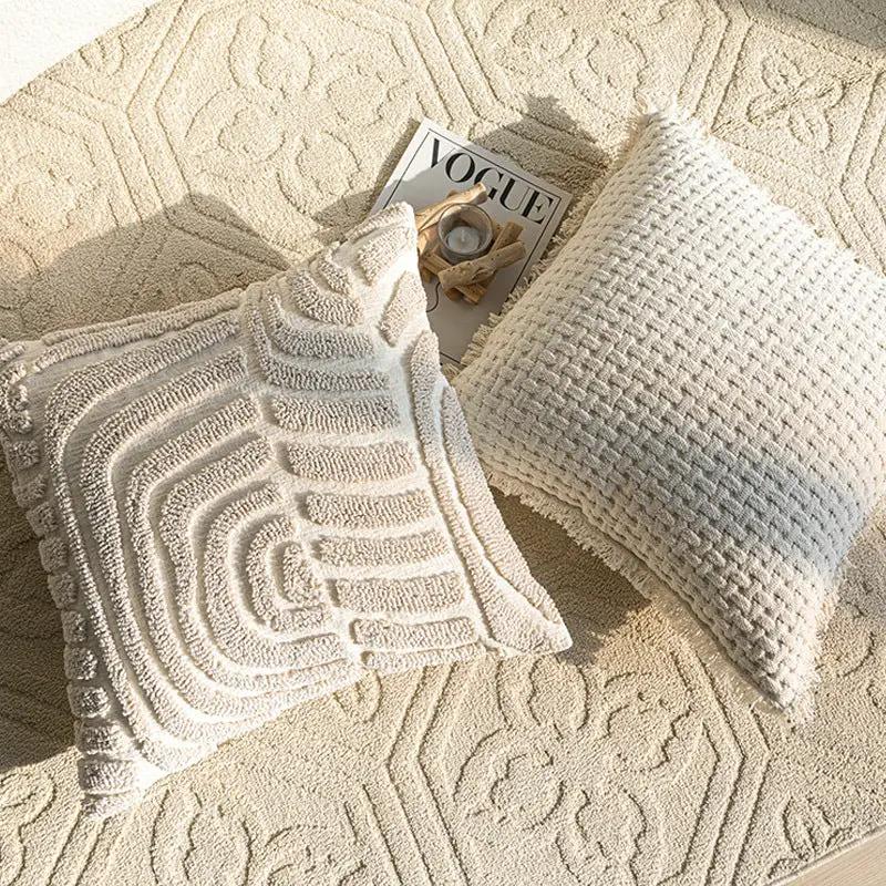 Cream sofa pillowcase with three-dimensional embroidery by FLIPSTYLEZLLC, two pillows on beige rug on Tampa Home & Garden Store