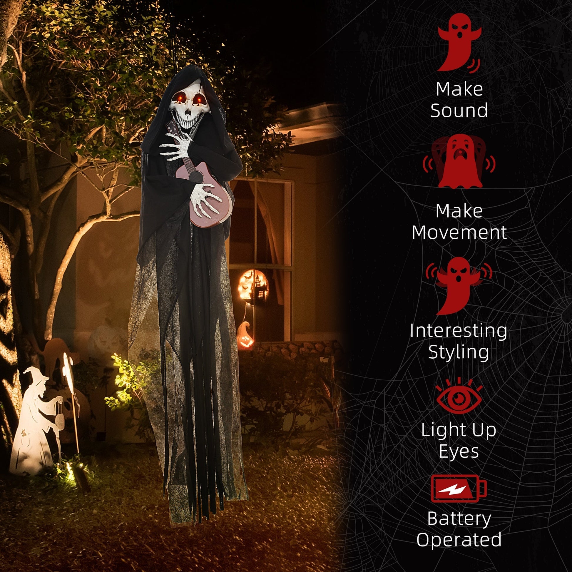 4.3' Animated Grim Reaper Guitarist by HouseOfZazla, hooded skeleton with red eyes holding pink guitar on Tampa Home & Garden Store