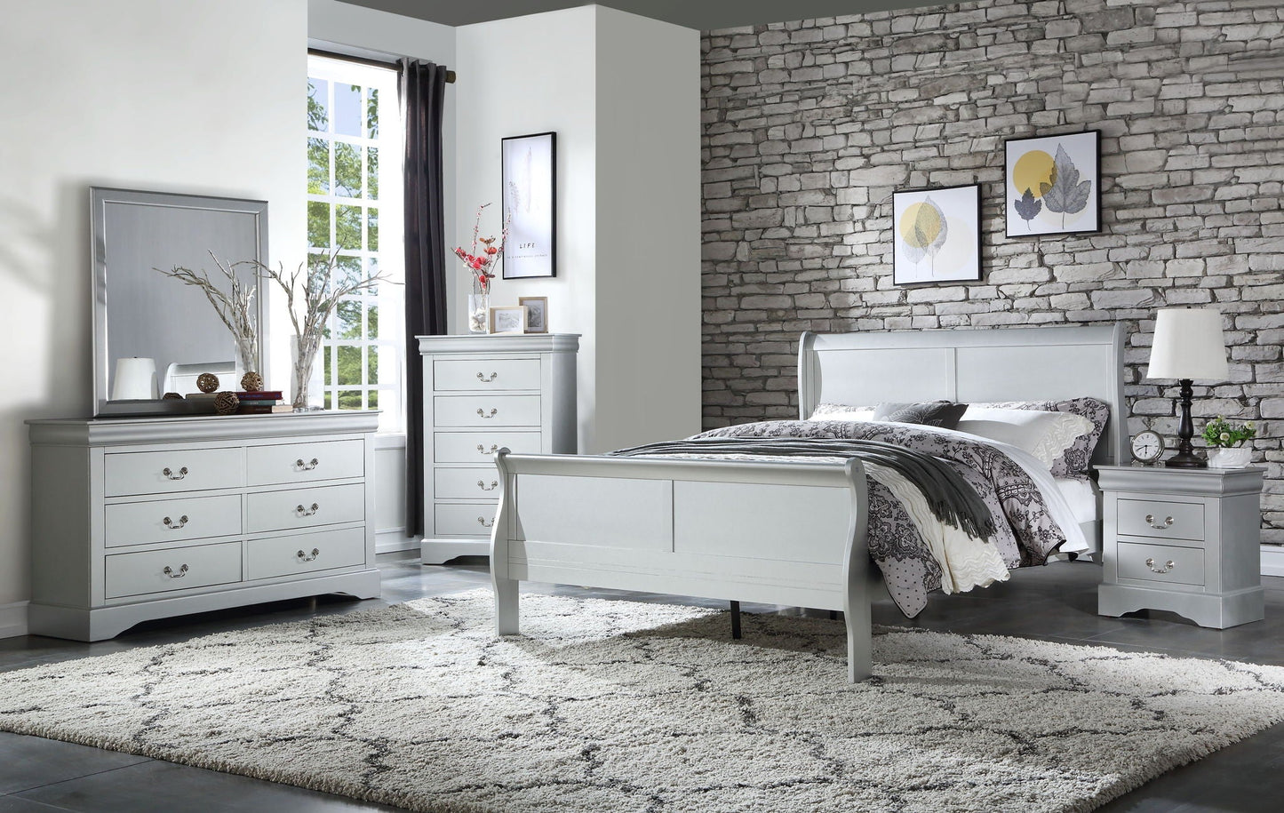 Louis Philippe Sleigh Bedroom Set including bed, dresser, and chest in white finish on Tampa Home & Garden Store