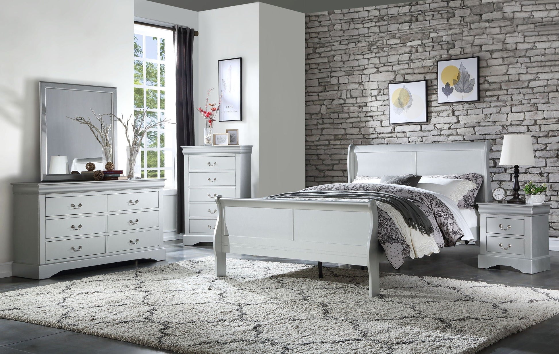 Louis Philippe Sleigh Bedroom Set including bed, dresser, and chest in white finish on Tampa Home & Garden Store