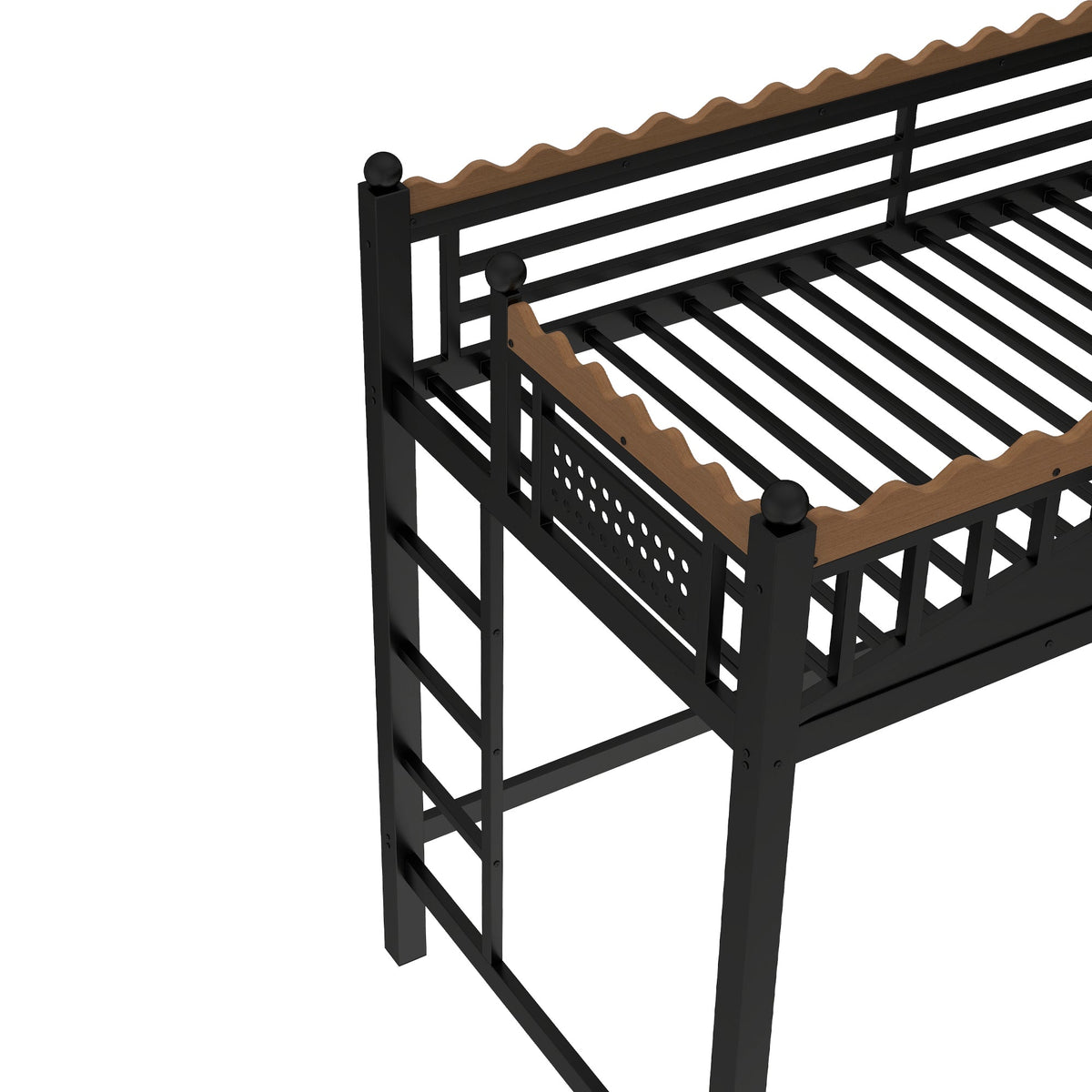 Twin XL loft bed frame by HouseOfZazla in black metal with scalloped guardrail and ladder on Tampa Home & Garden Store