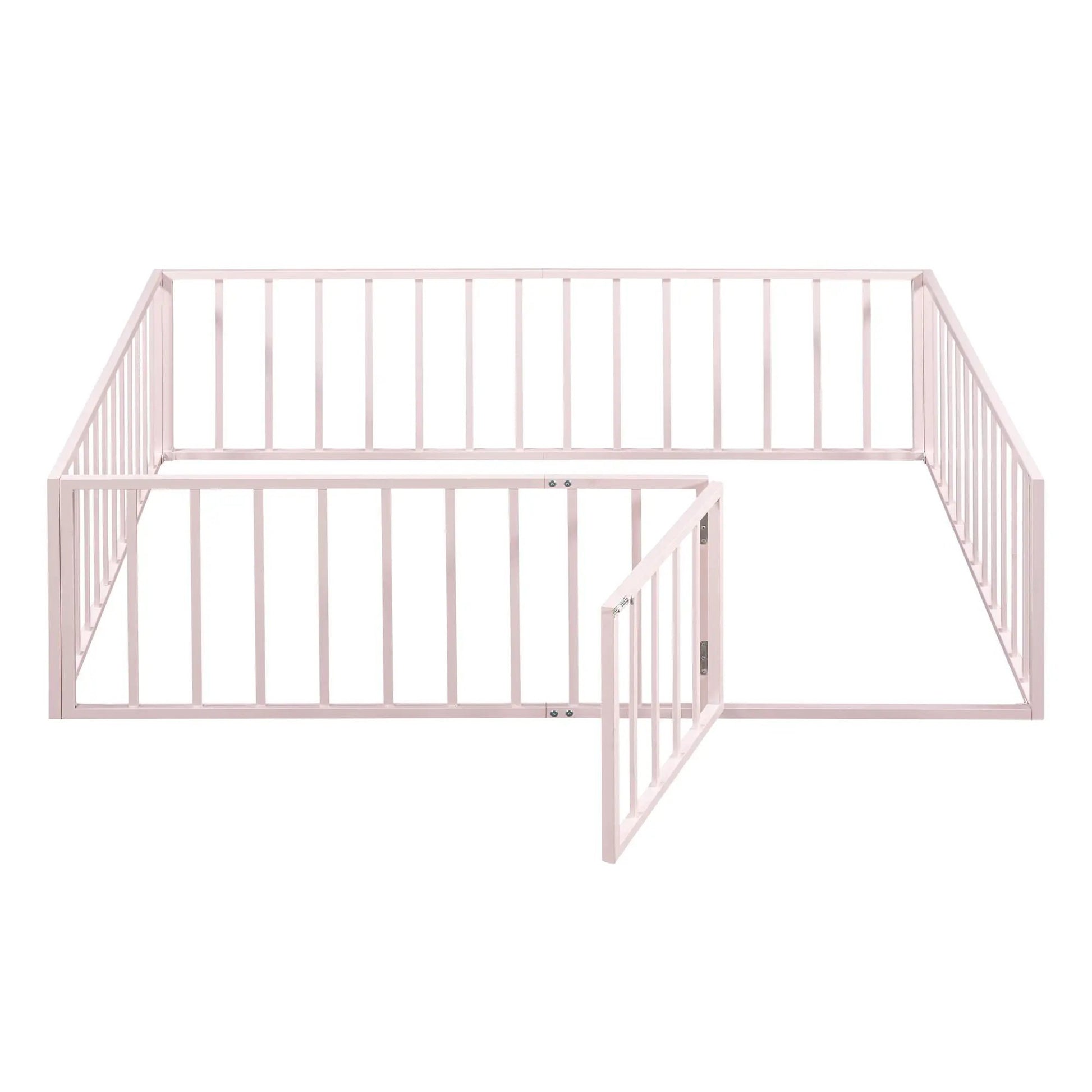 Metal floor bed frame with fence and door, pink metal, Unique Piece Furniture panel bed on Tampa Home & Garden Store