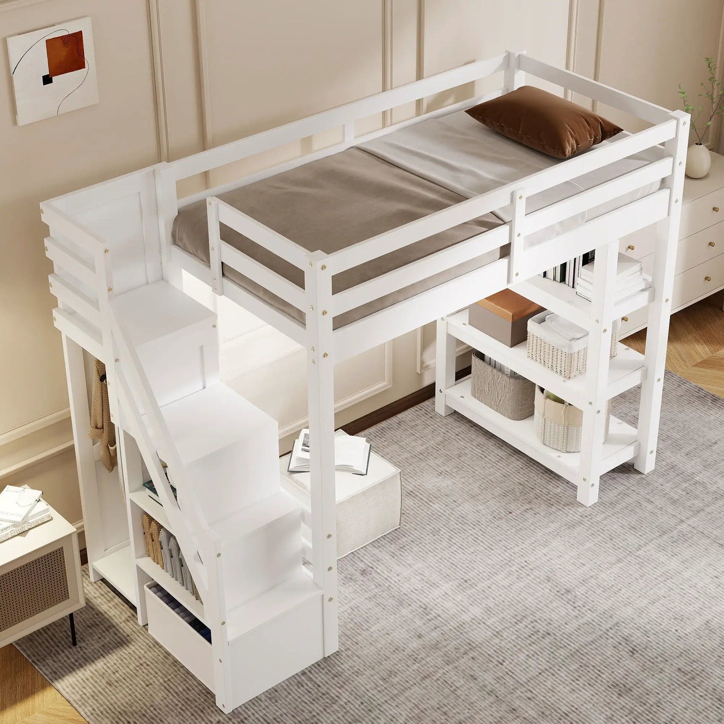 Loft Bed With Storage Staircase LED Light