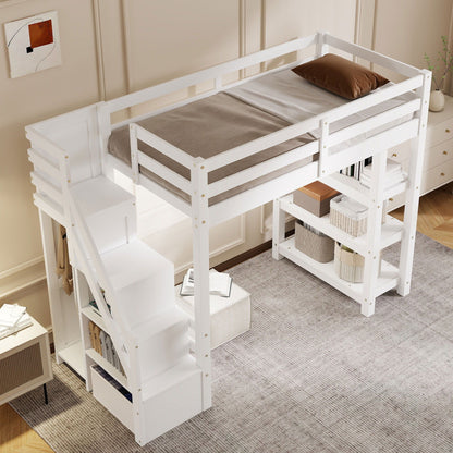 Loft bed with storage staircase and four shelves, white finish, small wardrobe and LED light on Tampa Home & Garden Store