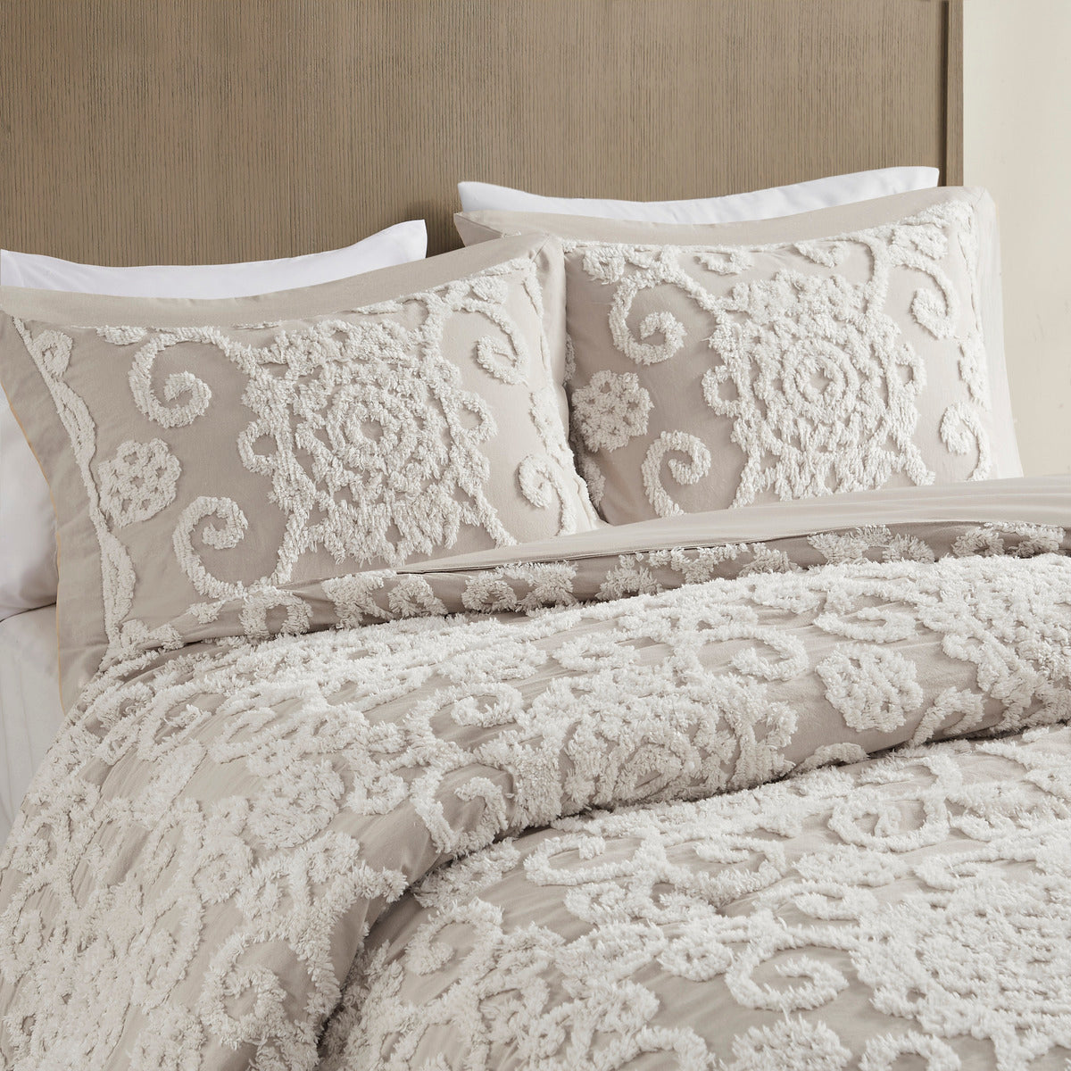 Cotton Comforter Mini Set Taupe King by HouseOfZazla with white embroidered scroll pattern on Tampa Home & Garden Store