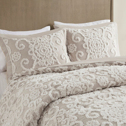 Cotton Comforter Mini Set Taupe King by HouseOfZazla with white embroidered scroll pattern on Tampa Home & Garden Store
