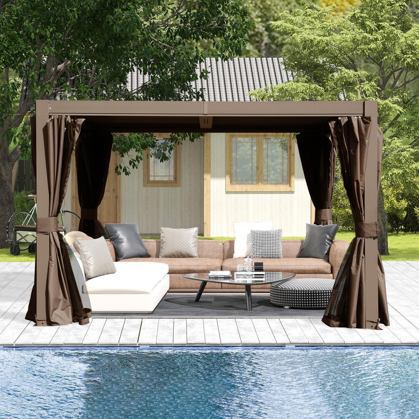 10x10 ft outdoor louvered pergola with adjustable louvers in brown on Tampa Home & Garden Store