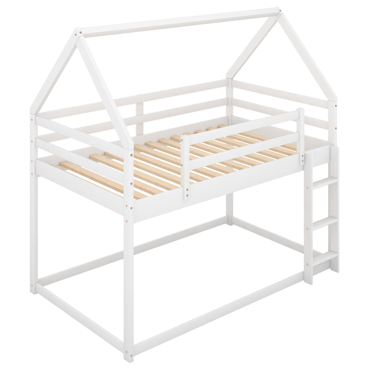 Low bunk bed with house-shaped frame and ladder, white wood, HouseOfZazla on Tampa Home & Garden Store