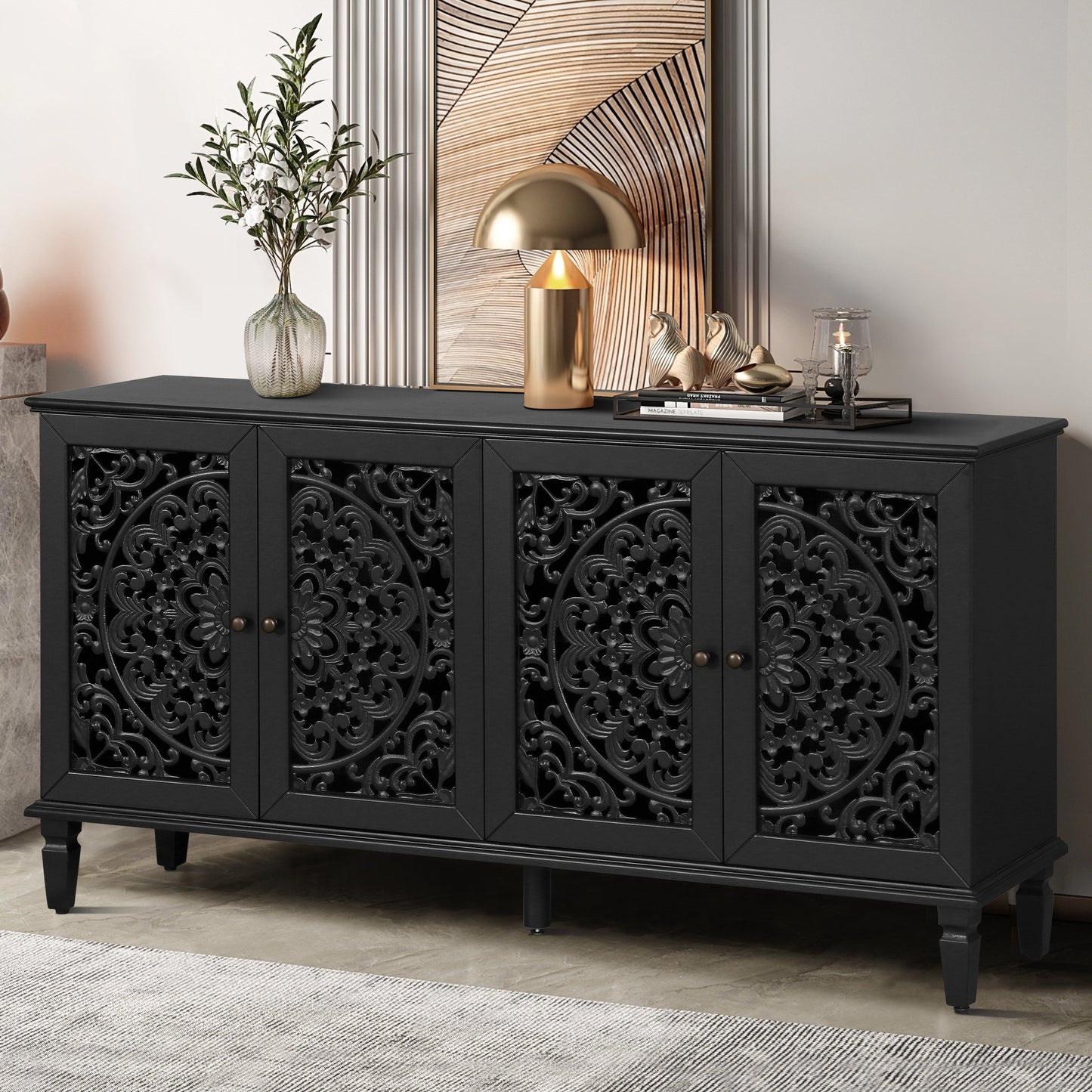 60in Antique Buffet Cabinet with Floral Carvings, black finish and ornate lattice panels on Tampa Home & Garden Store