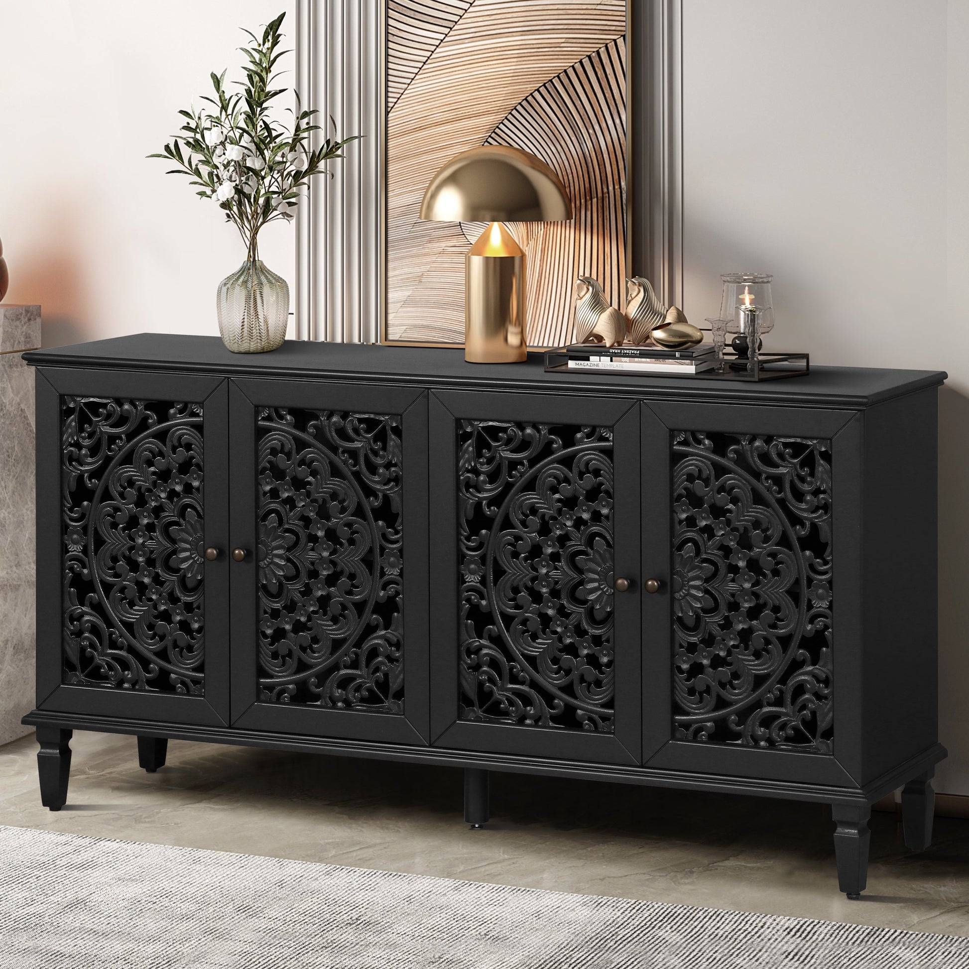 60in Antique Buffet Cabinet with Floral Carvings, black finish and ornate lattice panels on Tampa Home & Garden Store