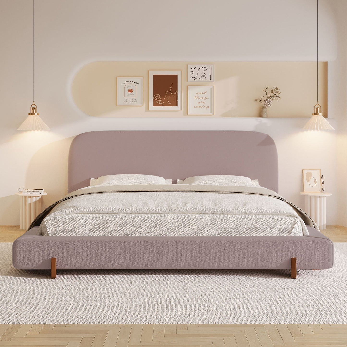 Elegant Upholstered Bed Frame by HouseOfZazla in lavender-gray fabric with headboard on Tampa Home & Garden Store