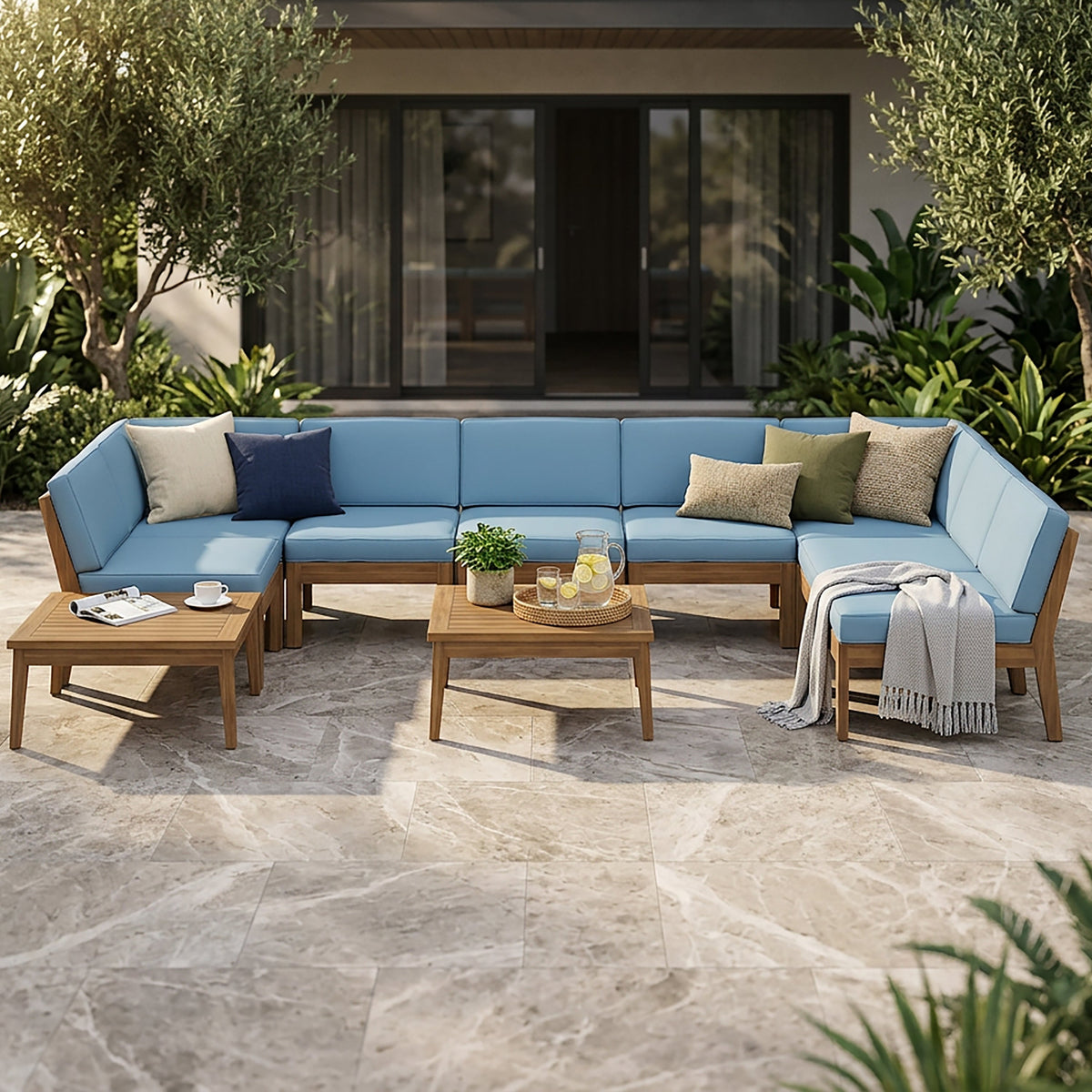 Grenada 8 Seater Acacia Wood Sectional Sofa Set with blue cushions for outdoor patio on Tampa Home & Garden Store