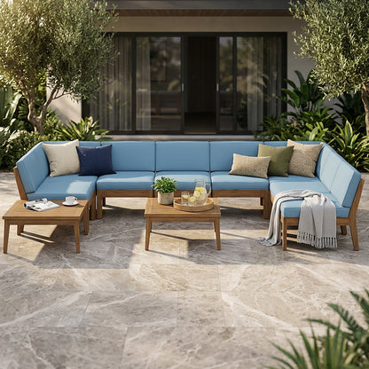 Grenada 8 Seater Acacia Wood Sectional Sofa Set with blue cushions for outdoor patio on Tampa Home & Garden Store