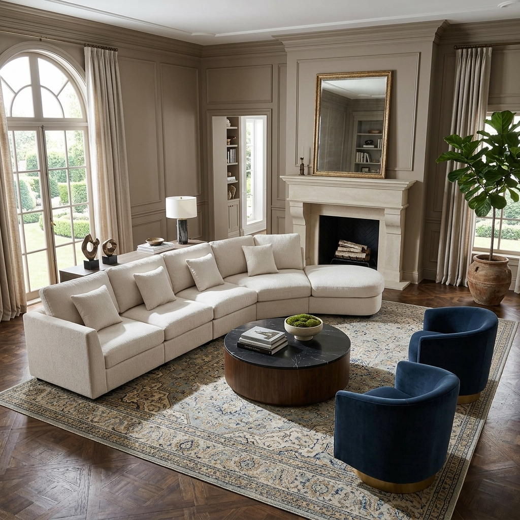U_Style Modern 5-Seater Curved Modular Sectional Sofa in beige fabric and two blue chairs on Tampa Home & Garden Store