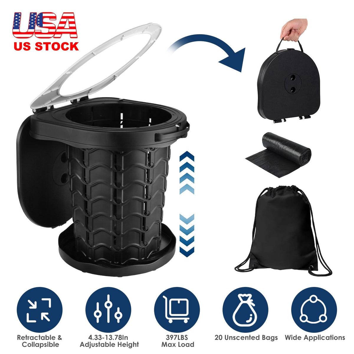 GemGear portable toilet with adjustable height; collapsible unit with carry bag and 20 bags on Tampa Home & Garden Store