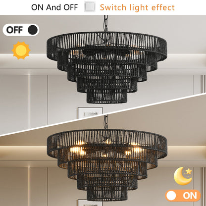 Chandelier 24' Rustic 5-Tier Black Hemp Rope Pendant Light on Tampa Home & Garden Store