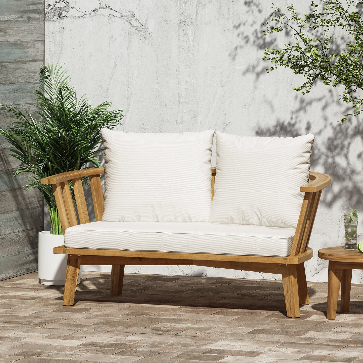 Spacious Outdoor Wooden Loveseat and Cushions