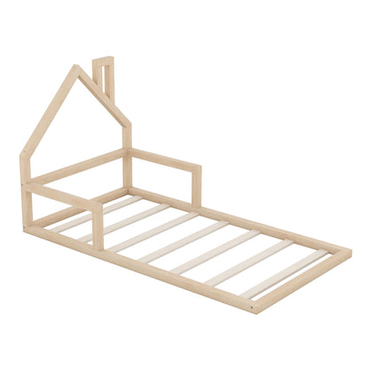 Floor bed with house-shaped headboard in natural wood, platform bed frame with slats on Tampa Home & Garden Store