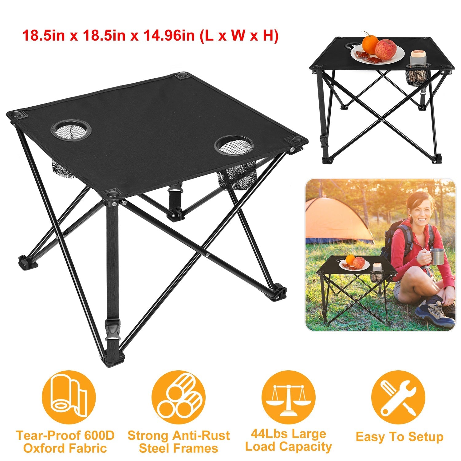 GemGear foldable camping table black with two cup holders and Oxford fabric top, steel frame on Tampa Home & Garden Store