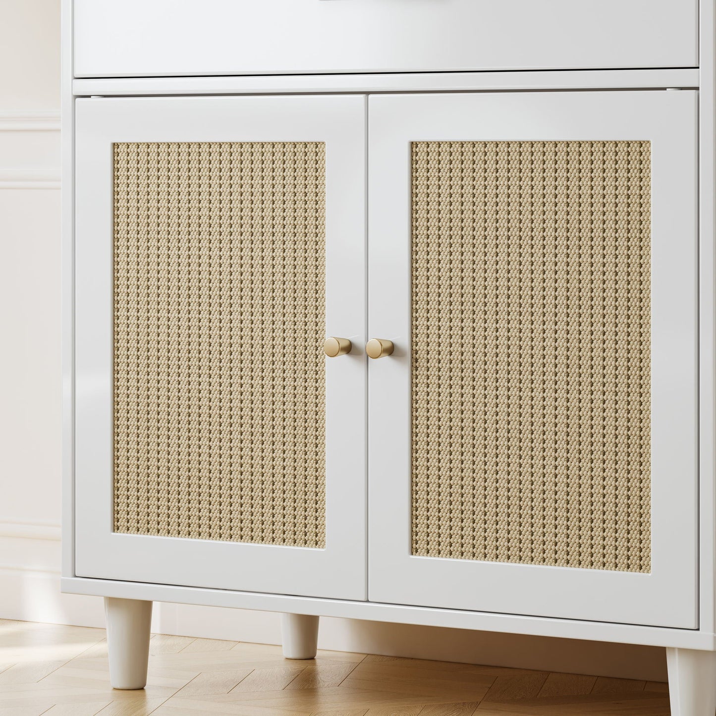 Cat Litter Box Enclosure with Scratch Pad, white wood cabinet with woven panels and gold knobs on Tampa Home & Garden Store
