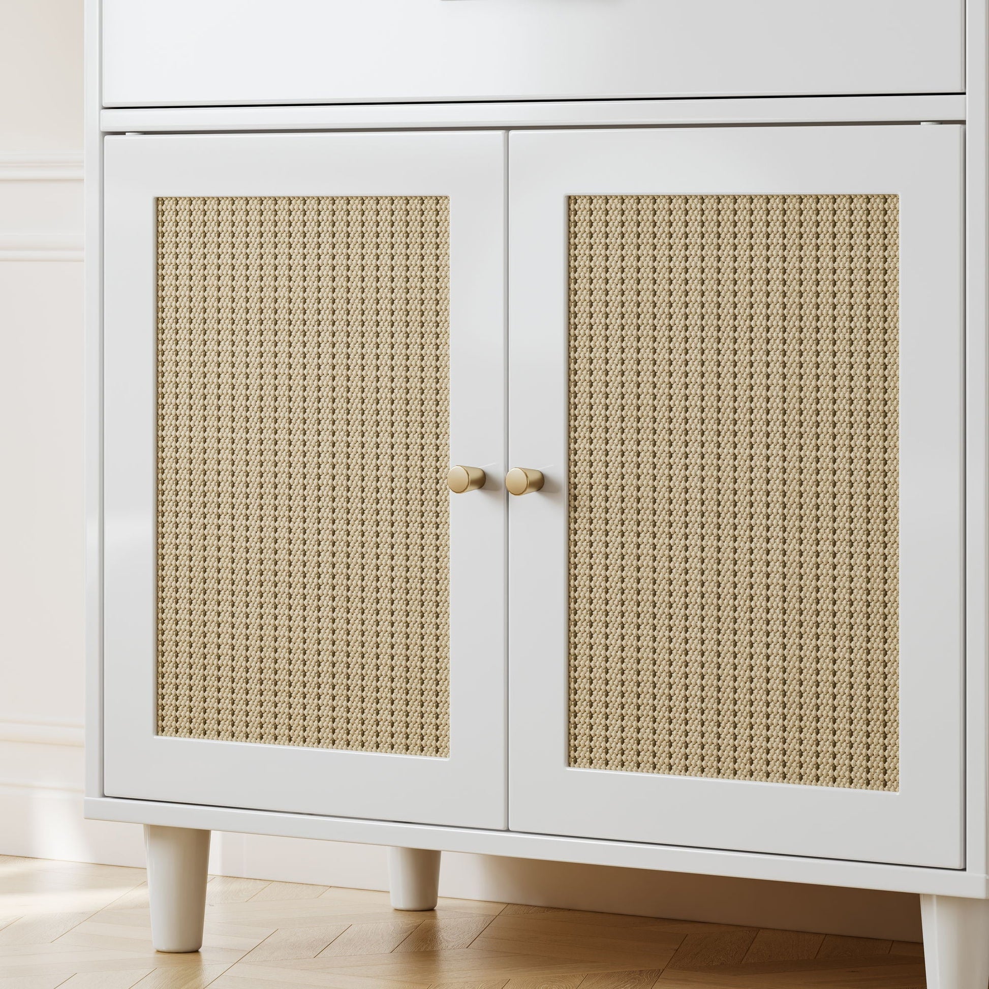 Cat Litter Box Enclosure with Scratch Pad, white wood cabinet with woven panels and gold knobs on Tampa Home & Garden Store