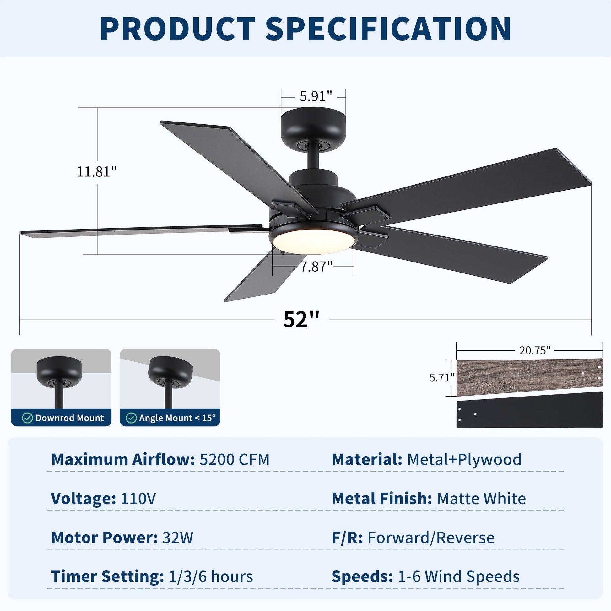 HouseOfZazla reversible LED dimmable ceiling fan with light matte black on Tampa Home & Garden Store