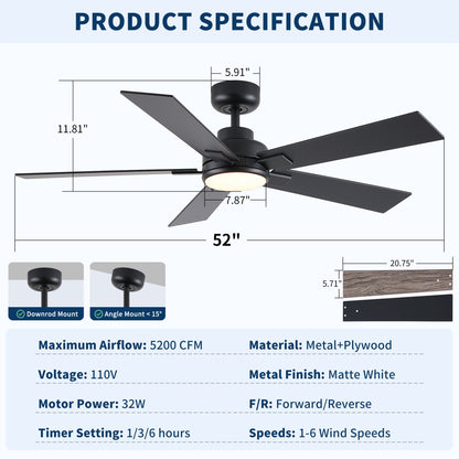 HouseOfZazla reversible LED dimmable ceiling fan with light matte black on Tampa Home & Garden Store