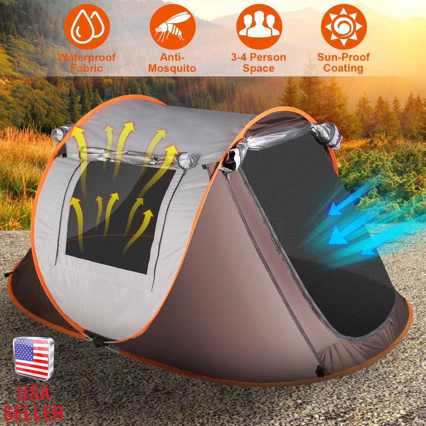 GemGear 3-4 Person Pop-Up Camping Tent, waterproof gray with orange trim on Tampa Home & Garden Store