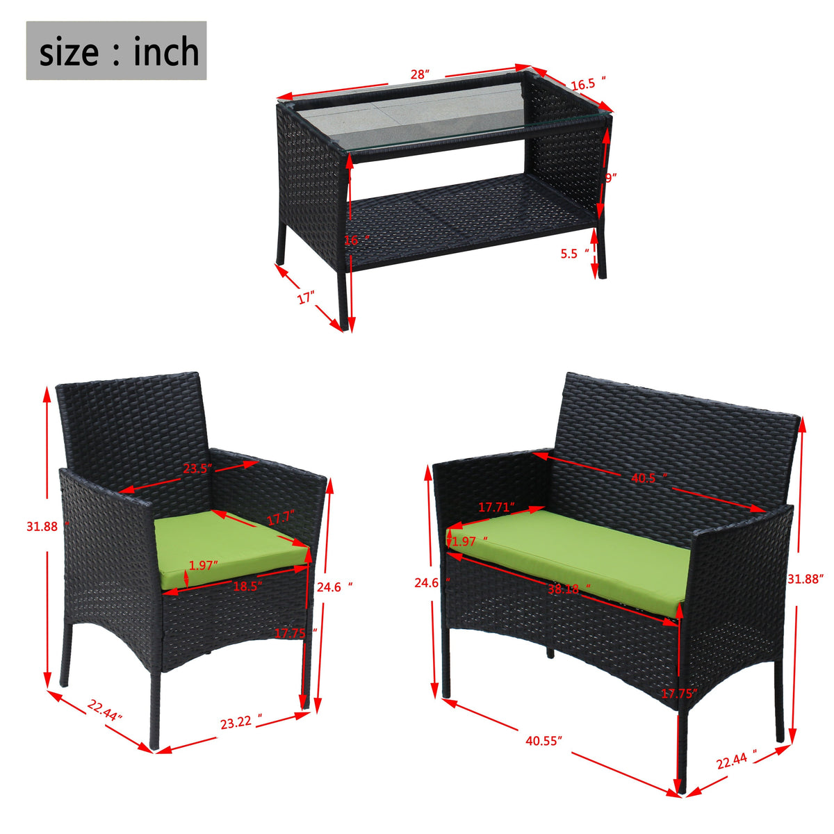 4-piece outdoor rattan patio furniture set with glass table and green cushions in black wicker on Tampa Home & Garden Store