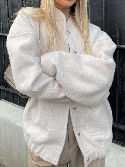 Stevvex cream sherpa fleece jacket with drop shoulders, snap-down front and buttoned pockets on Tampa Home & Garden Store