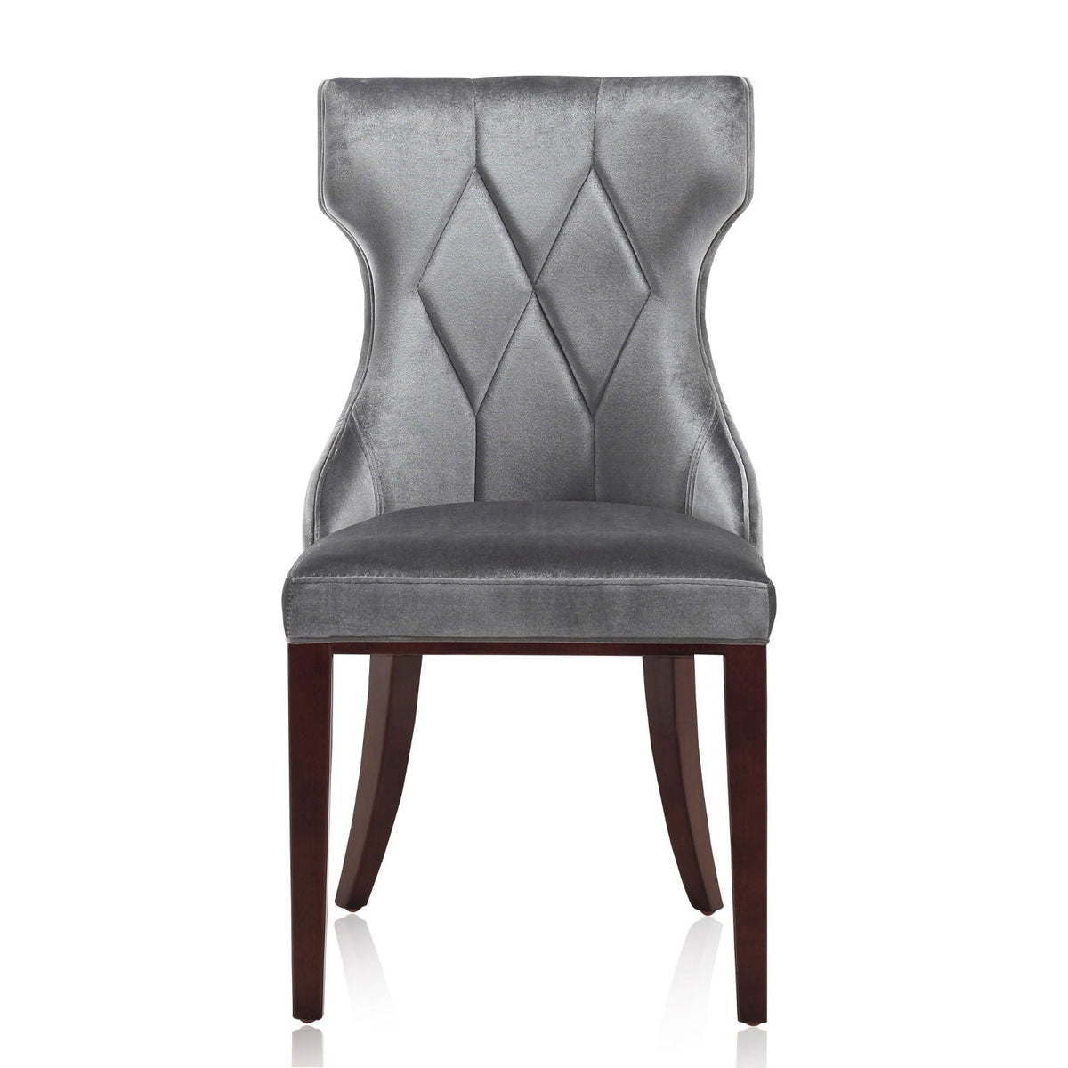 Reine dining chair set of 2 with silver velvet upholstery and diamond tufting, solid wood dark brown legs on Tampa Home & Garden Store