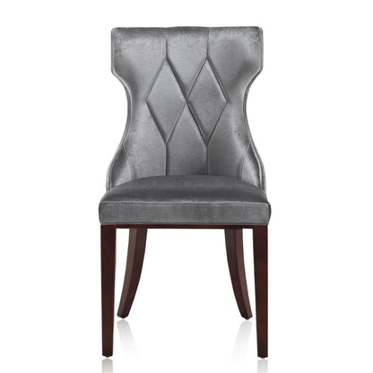 Reine dining chair set of 2 with silver velvet upholstery and diamond tufting, solid wood dark brown legs on Tampa Home & Garden Store