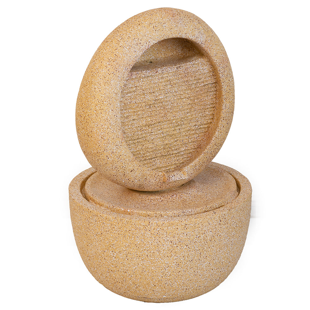 Cement round water fountain by HouseOfZazla with built-in light and pump, tan speckle finish on Tampa Home & Garden Store